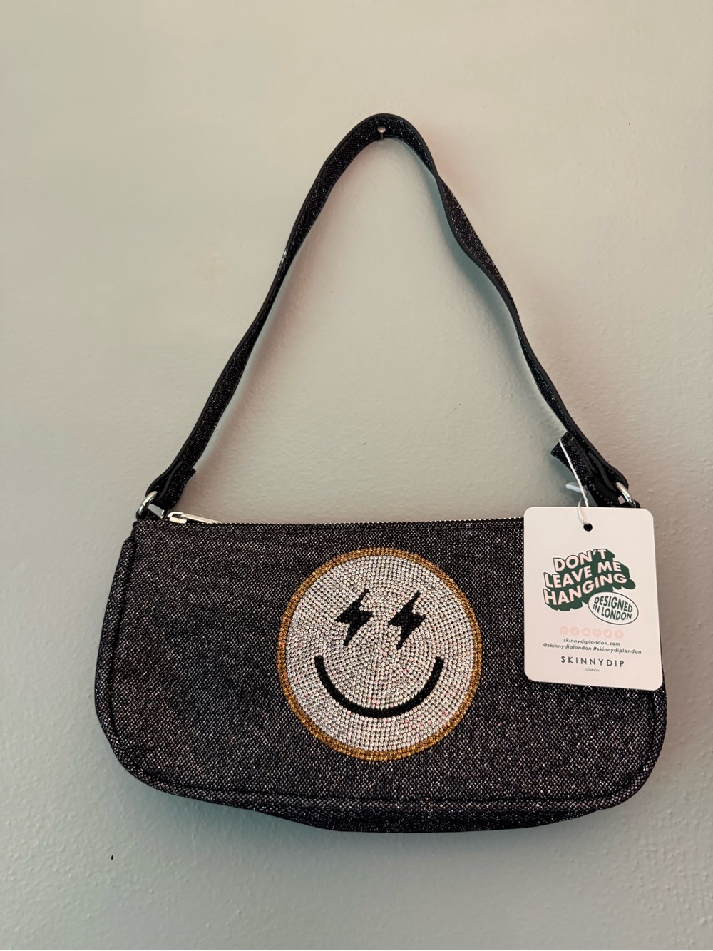 Skinnydip Black Sparkle Shoulder Bag with Crystal Smiley